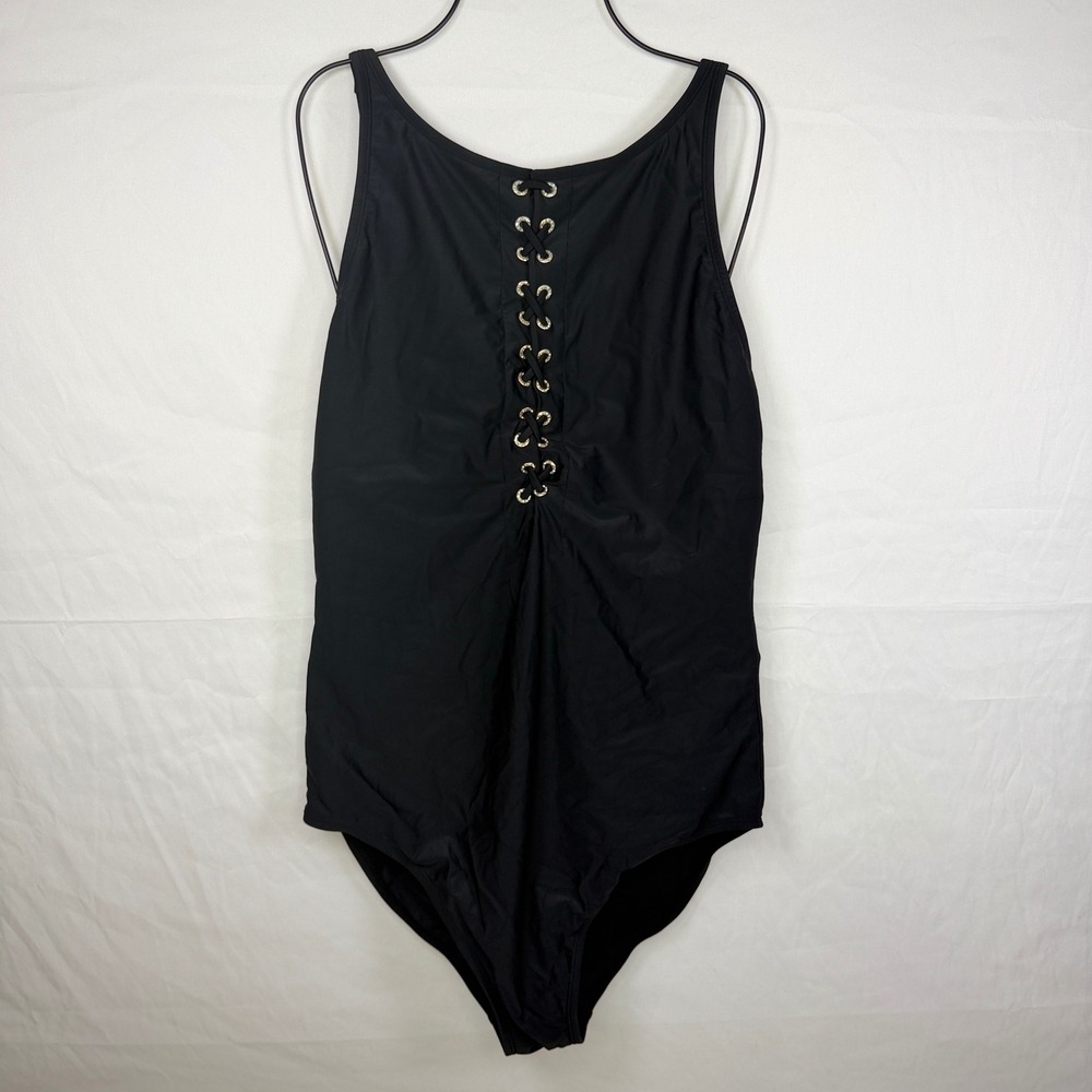 Beyond One Piece Swimsuit Women 16 Black Lace Up High Neck Gold Hardware